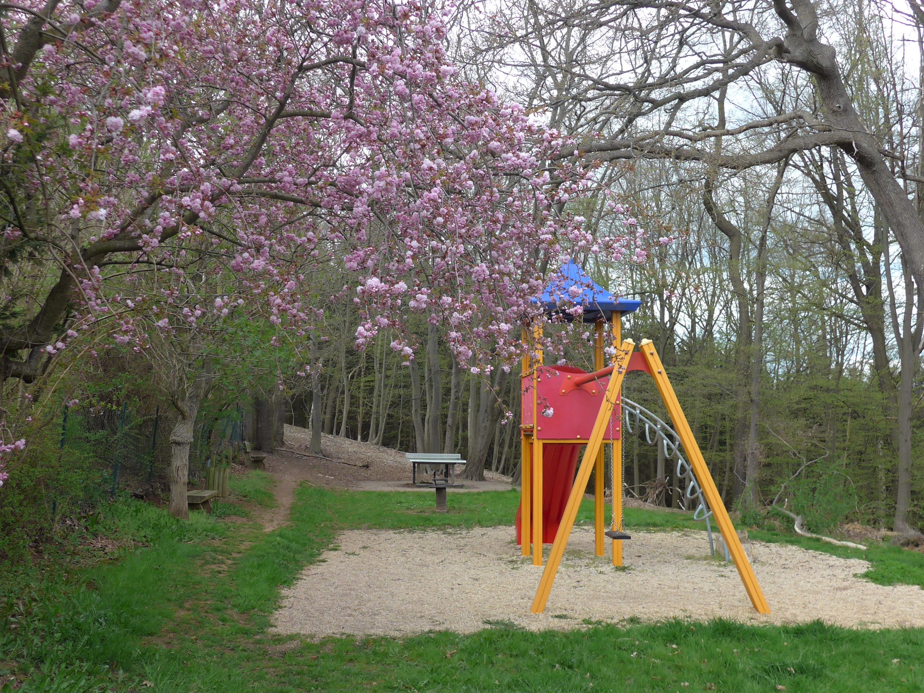 Spielplatz in Thurm mit Spielkombination, Federwippe, Bank, Tischtennisplatte